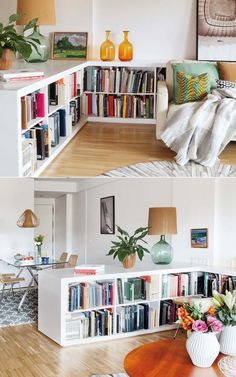 there are two pictures of a living room with bookshelves and furniture in it