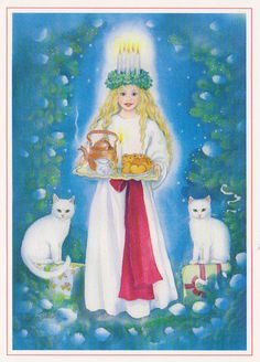 a painting of a girl holding a tray with cats around her