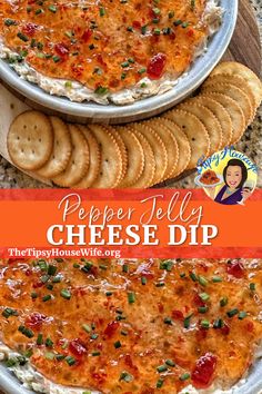 The photo shows a cheese dip with pepper jelly on top in a bowl with crackers surrounding for dipping. The brightly colored banner displays the name of the recipe, "Pepper Jelly Cheese Dip." Pepper Jelly Cheese Dip, Pepper Jelly Recipes, Best Appetizer Recipes, Pepper Jelly, Recipes Appetizers And Snacks, Jelly Recipes