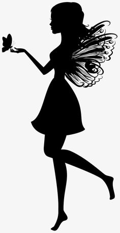 the silhouette of a fairy holding a butterfly in her hand, with its wings spread out