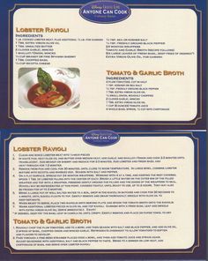 two menus for tomate and garlic broth, one with tomato sauce and the other with basil leaves