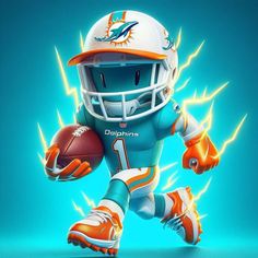 a miami dolphins football player running with an orange and white helmet on his head, holding a football