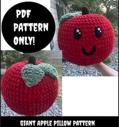 an apple pillow made out of yarn and crochet is shown with the text, free pattern only