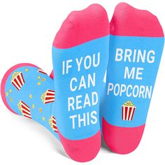 PRICES MAY VARY. POPCORN SOCKS: These socks feature a funny saying at the bottom "IF YOU CAN READ THIS, BRING ME POPCORN". MOVIE BUFF GIFTS: These food socks make the perfect gift for women who love popcorn. Whether it's for your grandma, mom, aunt, wife, girlfriend, daughter, or granddaughter, these socks are sure to be a hit. FLEXIBLE SIZING: Covers women's shoe sizes 6-12 and sock sizes 8-13. SUPREME SOFTNESS: Crafted from an ultra-soft cotton blend for a comfortably stretchy calf fit. MOVIE Pickle Ice Cream, Popcorn Socks, Popcorn Gifts, Fun Popcorn, Popcorn Design, Hot Dog Pizza, Popcorn Movie, Movie Night Gift, Food Socks