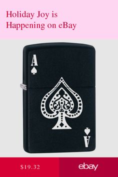 a black lighter with a white ace playing card on it's side and the words holiday joy is happening on ebay