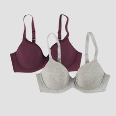 Beauty by Bali Women's 2pk T-Shirt Bras B202 is a beautiful soft comfort T-shirt bra that comes in a 2-pack so you can have double the comfort! With a unique shaped 2-ply back, this bra was specially designed to provide back smoothing and no-slip straps. This bra also features a banded frame to help the bra stay in place and provide additional support. Size: 36C. Color: Gray Melange/Fig. Gender: female. Age Group: adult. Pattern: Solid. Material: Cotton. Bali Women, Velvet Bra, Skater Outfits, Comfy Bra, Vs Bras, Cute Bras, Cotton Bras, Healthy Routine, Perfect Bra