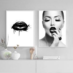 two posters with black and white images on them, one has a woman's lips