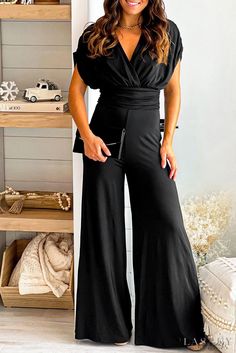 Lasaky - Black Dolman Sleeve V-Neck Jumpsuit Black Jumpsuit Outfit, Plain Jumpsuits, Jumpsuit Chic, Backless Jumpsuit, Jumpsuit Outfit, Romper Outfit, Jumpsuit With Sleeves, Boho Stil, Wide Leg Jumpsuit