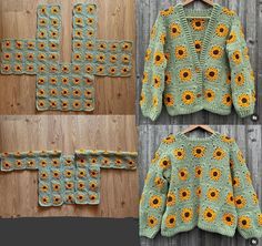 four pictures of sunflower sweaters with holes in the front and back, all made up of yarn