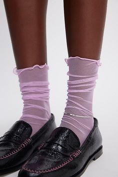 Simple and subtle, these dainty tulle socks add a sweet sheer detail to your favorite shoes. **Fit:** Crew length; S/P fits shoe sizes 5-7 US, M/L fits shoe sizes 8-10 US **Features:** Mesh fabrication, seamed toe, subtle ruffle trim **Why We | Tulle Crew Socks by Only Hearts at Free People in Pink, Size: S-M/P-M Sheer Socks And Heels, Slides With Socks Outfit, Black Ruffle Socks, Bridal Socks, Junk Socks, Y2k Socks, Tulle Socks, Wide Leg Jeans Cropped, Socks Style