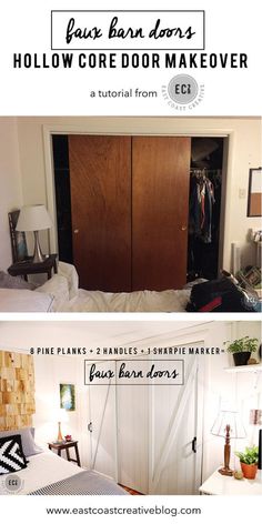 the before and after shots of a closet door makeover