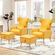 a living room with yellow chairs and a white rug