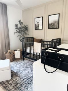 Small baby boy nursery, sophisticated boy nursery design, neutral boy nursery #marlydiceblog Male Nursery Ideas, Wood And Black Nursery, Black Furniture Baby Nursery, Neutral And Black Nursery, Green Nursery Black Crib, Nursery Ideas Moody, Boy Nursery With Black Crib, Country Boy Nursery Ideas, Modern Boy Nursery Ideas