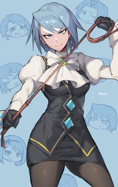 an anime character with blue hair and black pants holding a cane in her hand, while standing