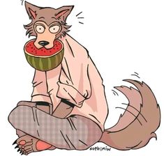 a man sitting on the ground eating watermelon off of his face while wearing a wolf mask