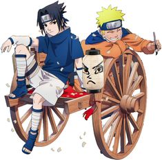 two anime characters sitting on a wooden cart