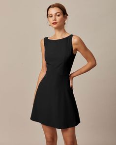 The Black Boat Neck High Waisted Mini Dress - Boat Neck Sleeveless A Line Backless Mini Dress - Black - Dresses | RIHOAS Sleek Black A-line Sleeveless Dress, Stretch Solid Lined Dress, Sleeveless Sleek Mini Dress In Elastane, Sleeveless Sleek Elastane Mini Dress, Sleek Sleeveless Elastane Mini Dress, Stretch Dress With Back Zipper, Sleeveless Lined Mini Dress In Elastane, Fitted Sleeveless Dress In Solid Color, Sleek Black Mini Sleeveless Dress