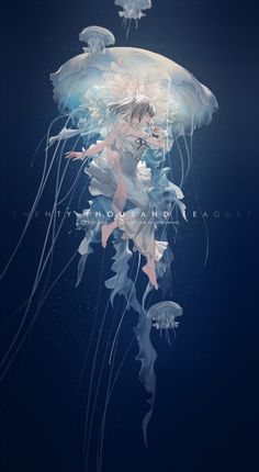 an underwater scene with jellyfish and a girl