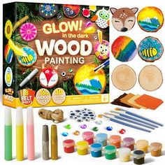 the glow in the dark wood painting kit includes paint, markers and glues for kids