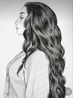 a black and white drawing of a woman with long hair