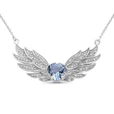 Inspire an enchanting new look when you wear this darling heart-shaped blue and white topaz angel wings necklace in silver. Crafted in sterling silver This choice glistens with an 8.0mm heart-shaped sky-blue topaz center stone. White topaz and beaded details shimmer along the layers of feathers of the sculpted wings. This design suspends centered along a cable chain that secures with a spring-ring clasp. 18.0-inch total length. Angel Wings Necklace, Angel Wings Heart, Wings Necklace, Angel Wing Necklace, Purple Jewelry, Wing Necklace, Sky Blue Topaz, Jewellery Designs, White Topaz