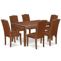 a dining table and chairs with brown leather upholstered backrests on an isolated white background