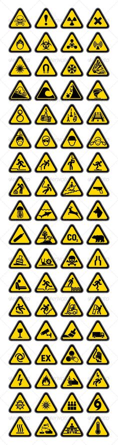 a large set of yellow and black warning signs