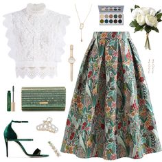 Spring Scenery Jacquard Pleated Midi Skirt - Retro, Indie and Unique Fashion Crochet Lace Top, Stunning Tops, Fashion Buyer, Church Outfits, Pleated Midi Skirt, Lace Tops, Classy Outfits, Unique Fashion