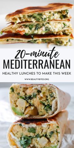 some food is stacked on top of each other with the words 20 minute mediterraneann