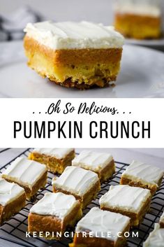 pumpkin crunch bars with white frosting on top and the words, oh so delicious