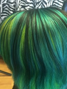 Fashion color, teal with neon green peekaboo Green Teal Hair, Green Peekaboo, Green And Blue Hair, Hair Wishlist, Haircolor Ideas, Veil Hair, Skunk Hair, Tooth Cavity