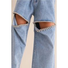 Get ready to sparkle and shine in these Cut Out Rhinestone Denim jeans. The front is cut out for a unique and trendy look, while the rhinestone studs add a touch of glamour. Made with a blend of cotton, poly, and spandex, expect a comfortable and loose fit. Available in Black and Denim Rhinestone Jeans, Basic White Tee, Loose Fit Jeans, Denim Collection, Rhinestone Studs, Washed Denim, Wide Leg Denim, Light Wash Denim, Romper Pants