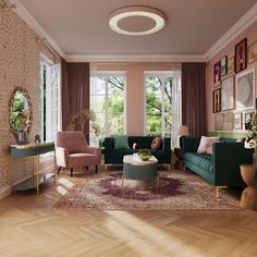 a living room filled with lots of furniture and decor on top of hard wood floors