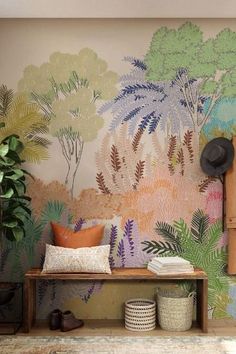 colorful tropical forest wallpaper mural home decor Tropical Forest Wallpaper, New Design Wallpaper, Seaside Wallpaper, Made Wallpaper, Vintage Mural, Cityscape Wallpaper, Mosaic Wallpaper, Jungle Mural, Turquoise Wallpaper