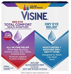 Multi-pack containing one 0.5-fluid ounce bottle of Visine Red Eye Total Comfort Multi-Symptom Eye Drops and one 0.5-fluid ounce bottle of Visine Dry Eye Relief Lubricant Eye Drops for Dry Eyes Red Eye Total Comfort Multi-Symptom all-in-one astringent, lubricant and redness reliever drops provide relief from red, burning, watery, itchy, gritty, dry, irritated eyes while temporarily relieving discomfort due to minor eye irritations Dry Eye Relief hydrating eye drops have a formula that is designed to work like real tears to provide soothing relief of dry, gritty and irritated eyes while helping relieve dry eye symptoms such as burning and irritation Both soothing eye drops help protect against further eye irritation and feature the active ingredient polyethylene glycol 400; The Red Eye Tota Dry Eye Symptoms, Dry Eyes Relief, Irritated Eye, Dry Eye, Watery Eyes, Red Eye, Eye Drops, Female Fitness Model, Healthy Lifestyle Tips