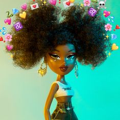 a black doll with curly hair and hearts on it's head is standing in front of a blue background