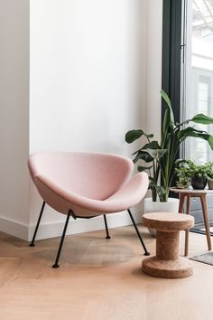 a pink chair sitting on top of a hard wood floor next to a potted plant