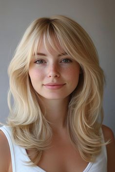 Side Fringe With Layers, Bangs With Medium Hair Blonde, Blonde Hair Layers Bangs, Light Blonde Hair With Bangs, Medium Length Hair With Layers Bangs, Long Layered Hair Side Bangs, Blond Side Bangs, Side Bangs Face Framing, Blonde Hair With Side Bangs