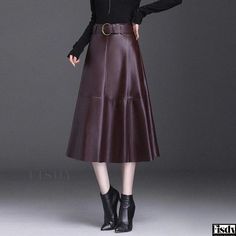 Fisdy - Chic Leather Skirt with Belted Metal Buckle and Knee-length Leather Umbrella Skirt Long Leather Skirt, Floral Print Midi Skirt, Umbrella Skirt, Leather Midi Skirt, Chic Leather, Printed Midi Skirt, Skirt Midi, Skirt Belt, Patchwork Designs