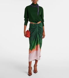 Draped printed silk-blend midi skirt in green - Dries Van Noten | Mytheresa Silk Lined Draped Skirt, Silk Midi Skirt For Spring, Chic Silk Draped Midi Skirt, Flowy Silk Midi Skirt, Spring Silk Draped Asymmetrical Skirt, Spring Silk Midi Skirt, Chic Silk Midi Skirt, Spring Formal Viscose Skirt, Multicolor Silk Flowy Skirt