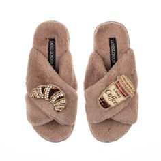 Classic Laines Slippers With Coffee Cup & Croissant Brooches - Toffee Fancy Slippers, Cool Slippers, Classic Slippers, Shoe Shopping, Faux Fur Slippers, Summer Slippers, Designer Slippers, Womenswear Fashion, Fur Slippers