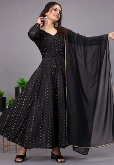 Embroidered Georgette Abaya Style Suit in Black