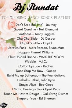 the top wedding dance songs playlist is shown with pink flowers and white polka dots