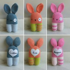 crocheted stuffed animals are arranged in four different colors and sizes, each with a name written on them