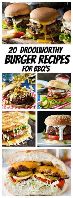 the ultimate burger recipe for bbq's is shown in four different pictures, including two