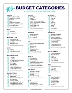 a printable budget checklist with the words'100 + budget catagories '