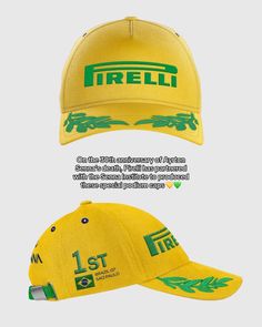 a yellow hat with green lettering on the front and side, which reads 1 str