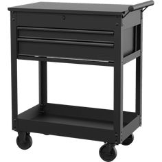 a black utility cart with two drawers and one drawer on the bottom, sitting against a white background