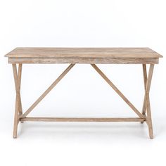 a wooden table with two crossed legs