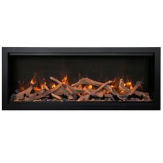 an electric fireplace with flames and logs